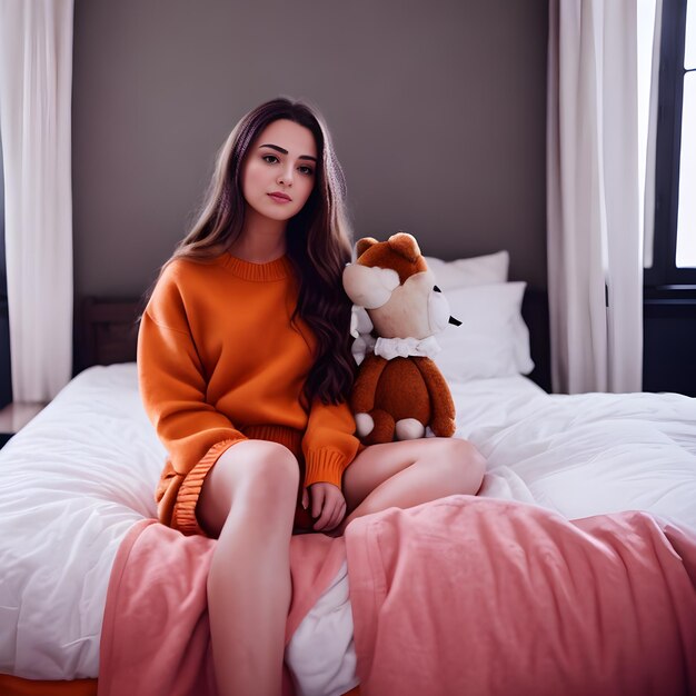 A woman sits on a bed with a stuffed animal next to her.