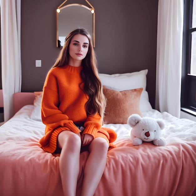 A woman sits on a bed with a teddy bear next to her.