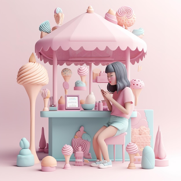 Женщина сидит на скамейке перед прилавком с розовым мороженым.