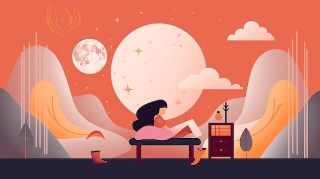 a woman sits on a bench in front of a starry sky with a star and a moon.