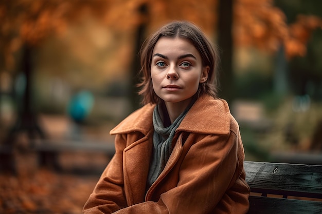 A woman sits on a bench in a park in autumn.