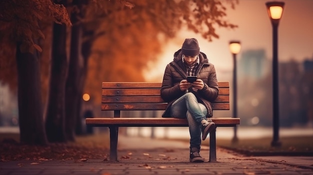 A woman sits on a bench in a park, reading on her phone.