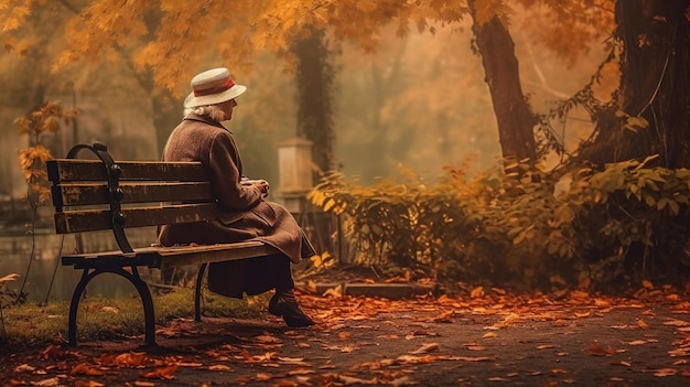 A woman sits on a bench in a park with a golden autumn colored background.