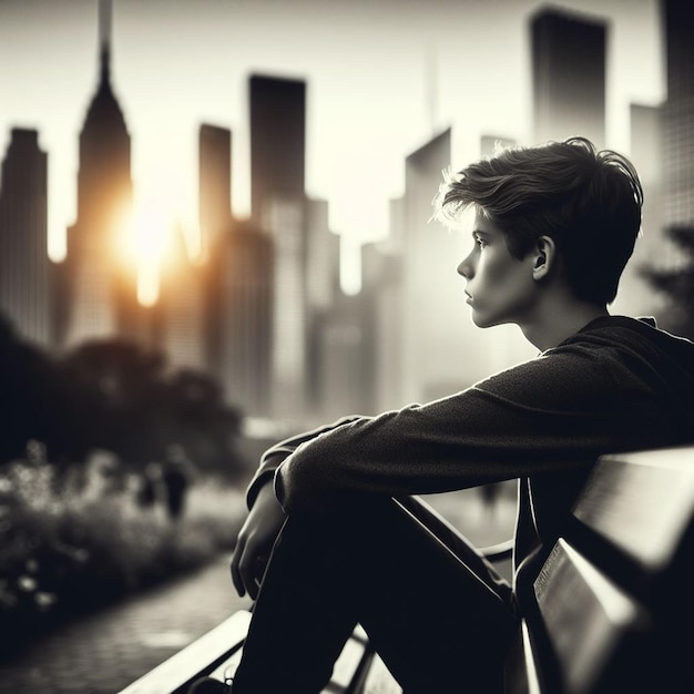 Photo a woman sits on a bench with the city behind her