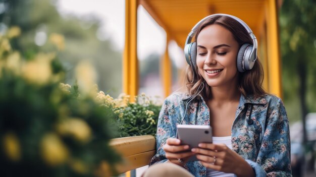 A woman sits on a bench with headphones on and a smartphone in her hands.