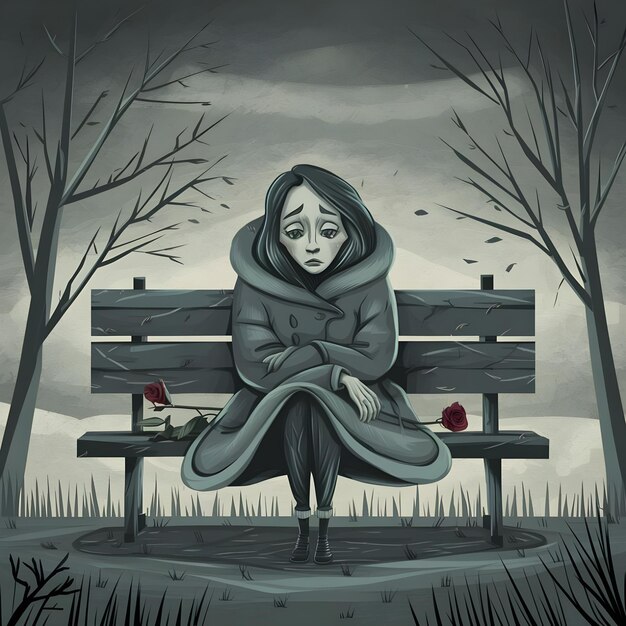 a woman sits on a bench with a sad face on her lap