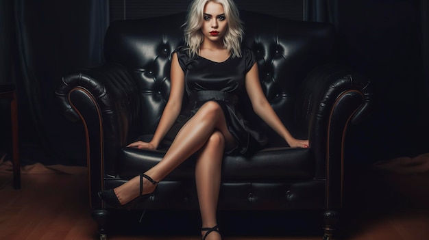 A woman sits in a black chair in front of a black background.