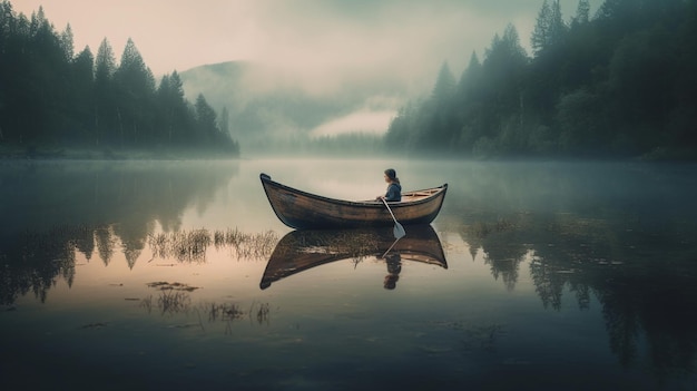 Женщина сидит в лодке на озере с деревьями на заднем плане.
