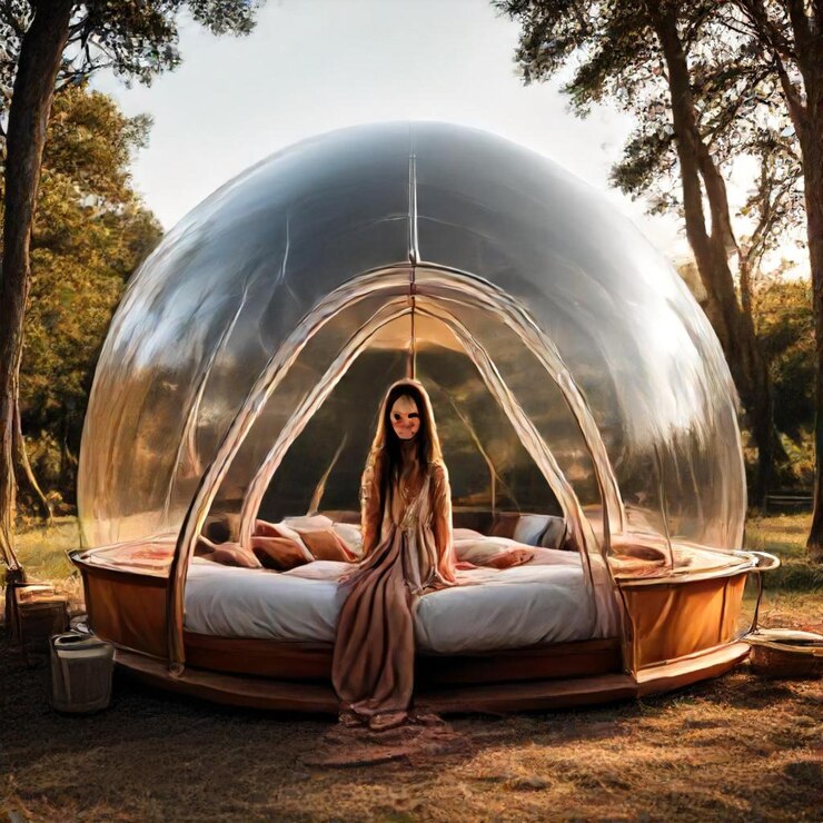 Photo a woman sits in a bubble that has the words  the word  on it