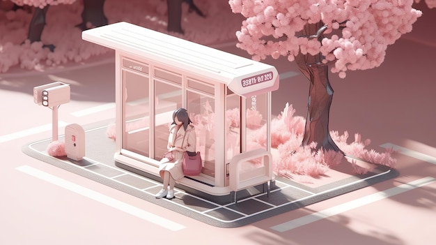 A woman sits on a bus stop in front of a pink tree.