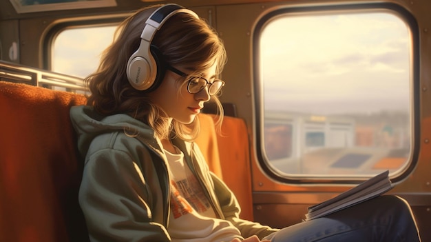 A woman sits in a bus with a laptop and a headphone.