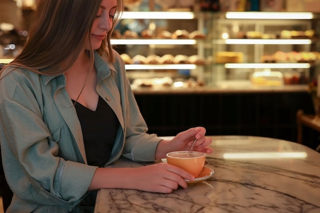 a woman sits in a cafe and looks at a cup while stirring coffee