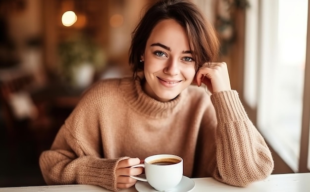 A woman sits in a cafe and smiles at the camera.