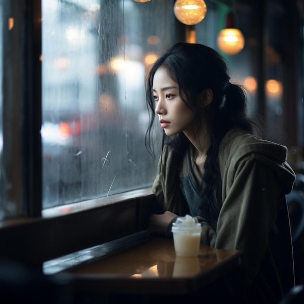 한 여자가 커피 한 잔을 들고 카페에 앉아 있다.