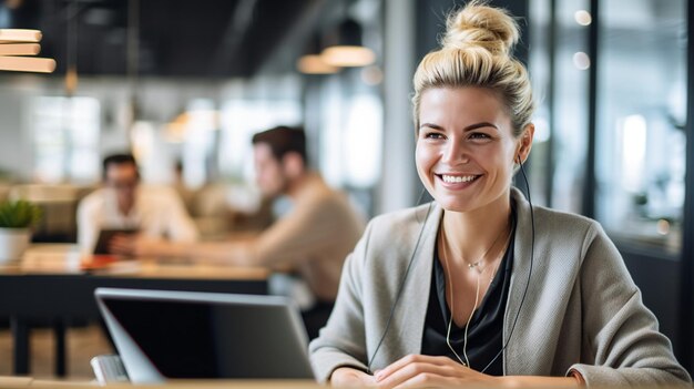 A woman sits in a cafe with a laptop and smiling.