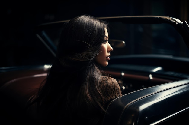 A woman sits in a car and looks out the window.