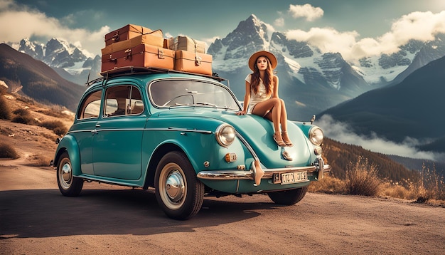 a woman sits on a car with a mountain in the background