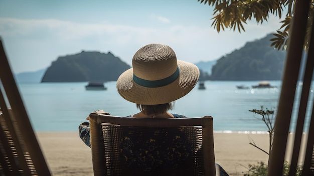 A woman sits in a chair on a beach, looking out to sea.