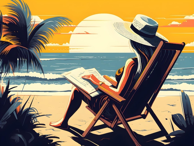 A woman sits in a chair on the beach and reads a book.