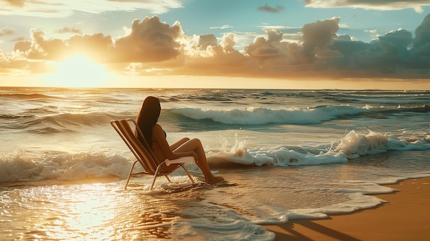 Foto una donna si siede su una sedia sulla spiaggia a guardare il tramonto