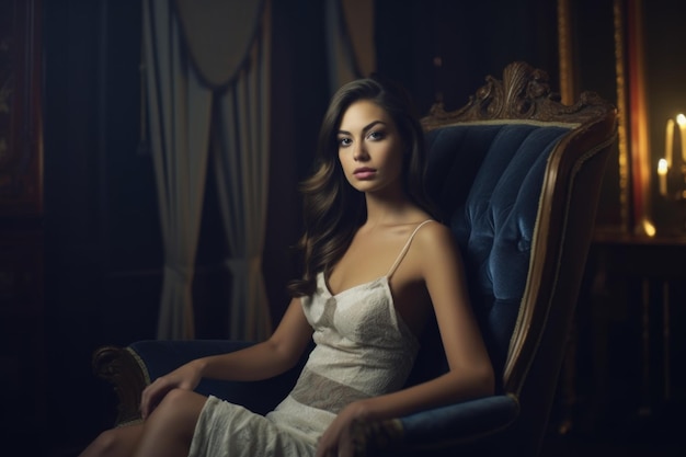 A woman sits in a chair in a dark room with a blue chair and a blue chair.