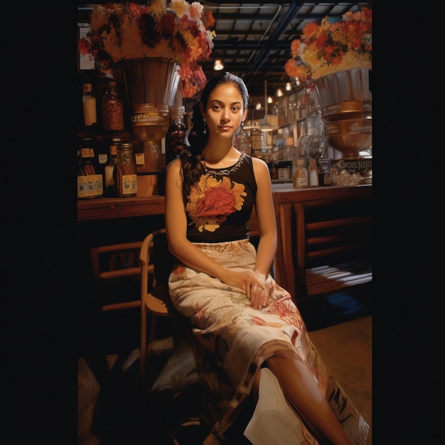 Foto una donna si siede su una sedia davanti a un bar.