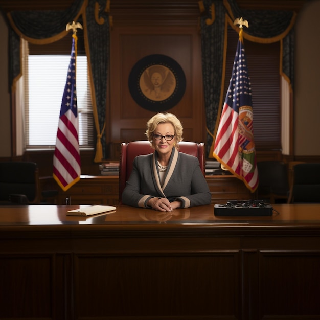 a woman sits in a chair in front of a desk with american flags.