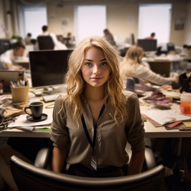 A woman sits in a chair in front of a desk with a sign that says " the word " on it.