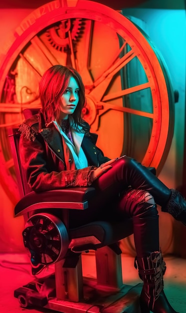 A woman sits in a chair in front of a large wheel that says'the girl on it '