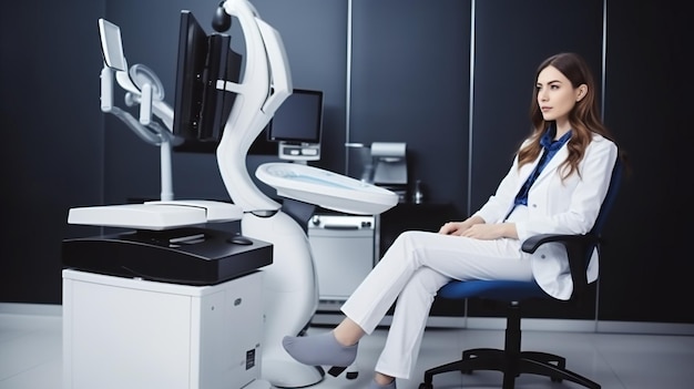 A woman sits in a chair in front of a laser scanner.