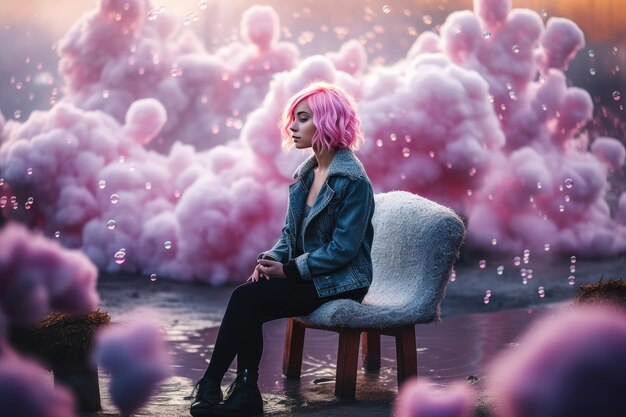 A woman sits on a chair in front of a pink cloud with the word love on it.