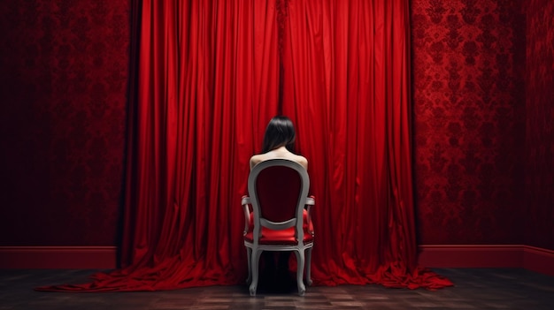 A woman sits in a chair in front of a red curtain.