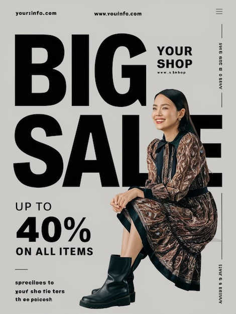 Photo a woman sits on a chair in front of a store that says big sale on it