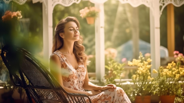 A woman sits on a chair in a garden, with the sun shining on her face.