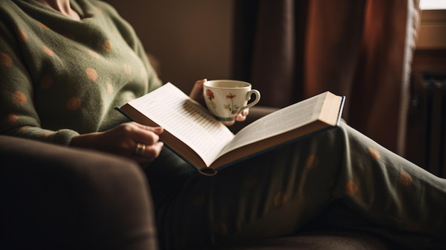 A woman sits on a chair and holds a book and a cup of tea.