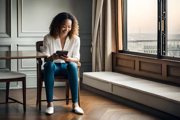 A woman sits in a chair and looks at her phone.