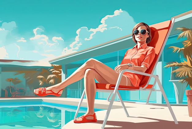 a woman sits on a chair near a swimming pool in the style of youthful energy
