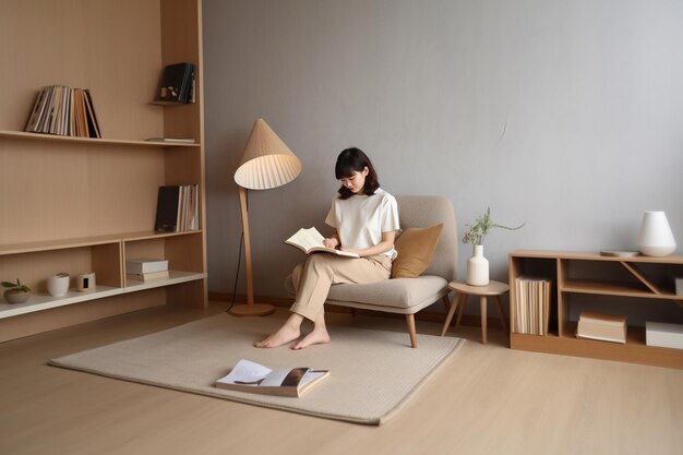 a woman sits on a chair reading a book in a living room.