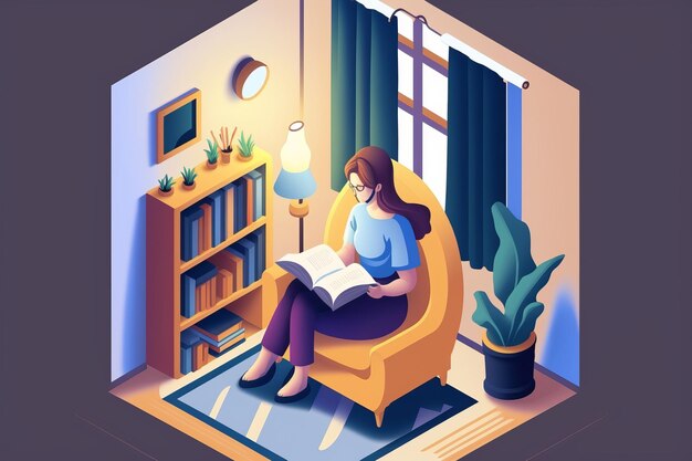 A woman sits in a chair reading a book in a room with a plant on the shelf.