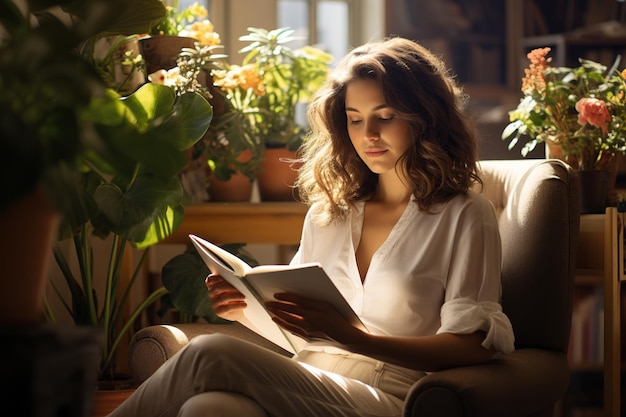 Woman sits in a chair reading a book