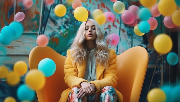 A woman sits in a chair surrounded by balloons