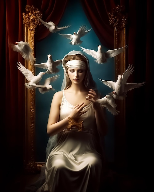 A woman sits in a chair surrounded by white doves