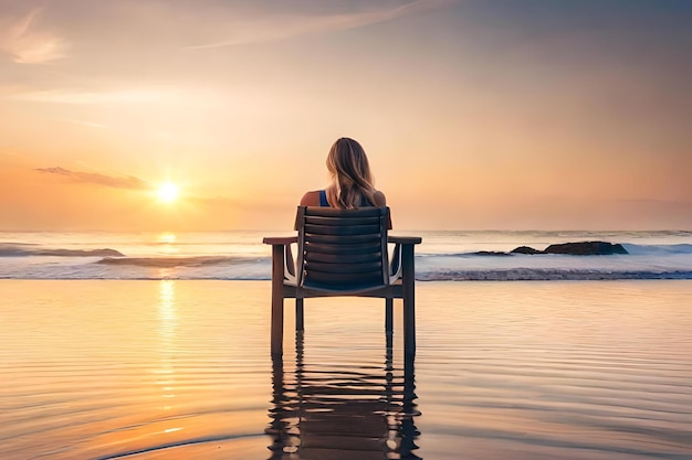 Foto una donna si siede su una sedia in acqua al tramonto.