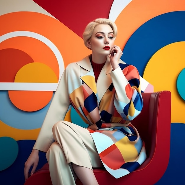 A woman sits in a chair with a colorful background