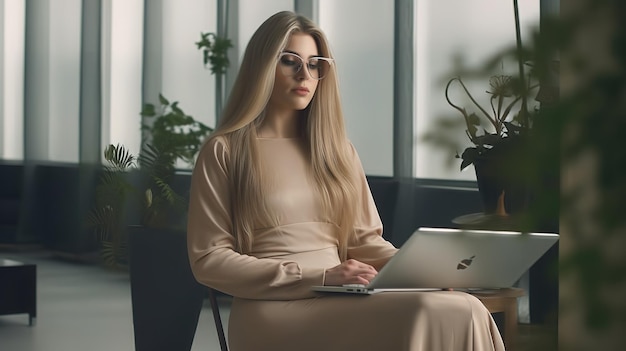 A woman sits in a chair with a laptop.