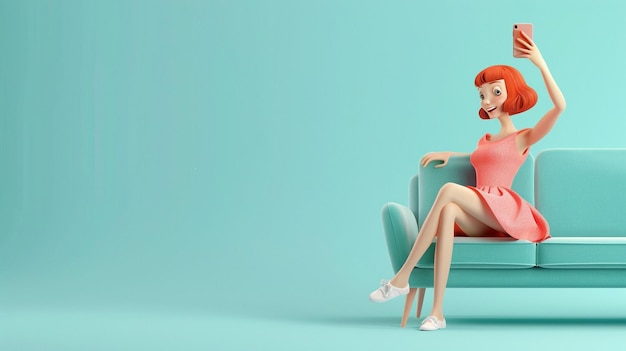 a woman sits in a chair with a red hairdo