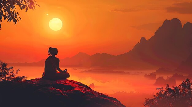 Photo a woman sits on a cliff in front of a sunset