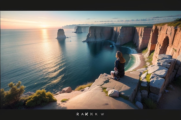 A woman sits on a cliff looking at the sea.