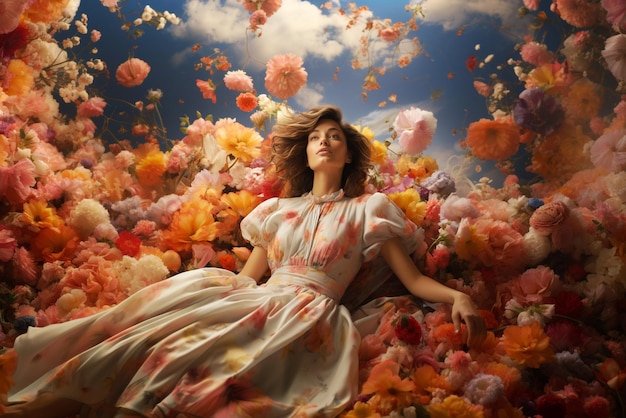 Woman sits on cloud of flowers positive thinking creative mind self esteem mental health dreamlike