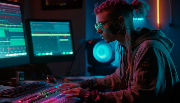 A woman sits at a computer in a dark room, wearing glasses and a hoodie, working on a keyboard.